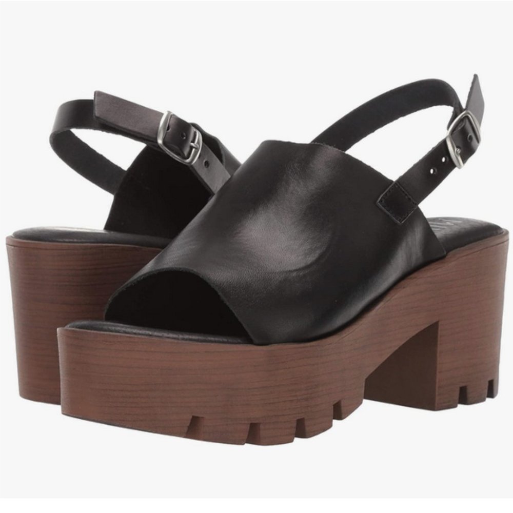 MUSSE & CLOUD Black Leather Platform Slingback Sandals